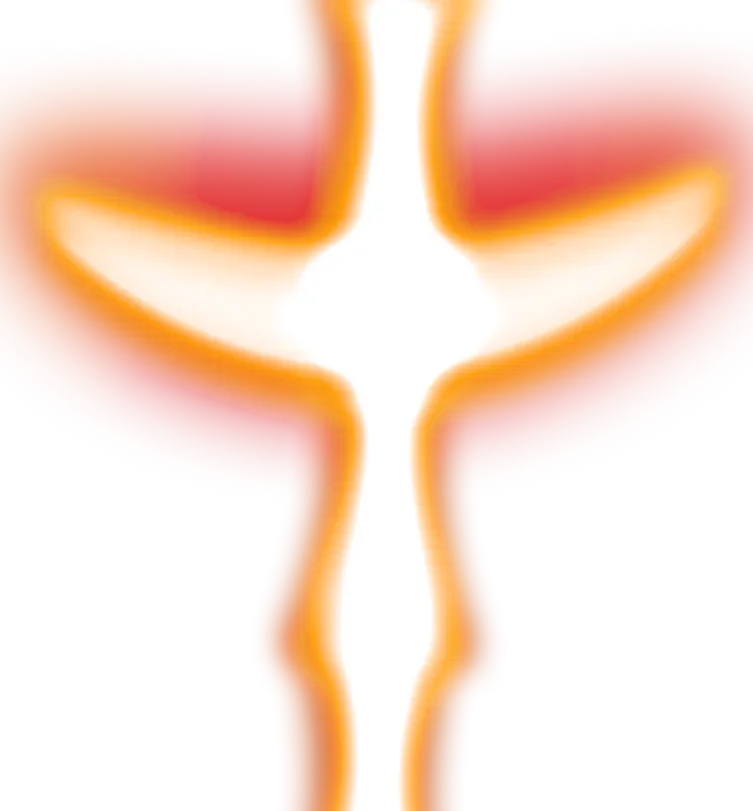 Glowing white cross with a purple aura on a black background.